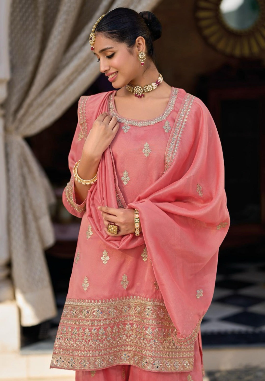 Understated Light Pink Shimmer Palazzo Bottom Suit Set