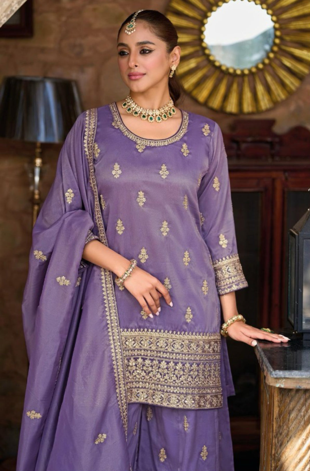 Alluring Light Purple Shimmer Palazzo Bottom Suit Set