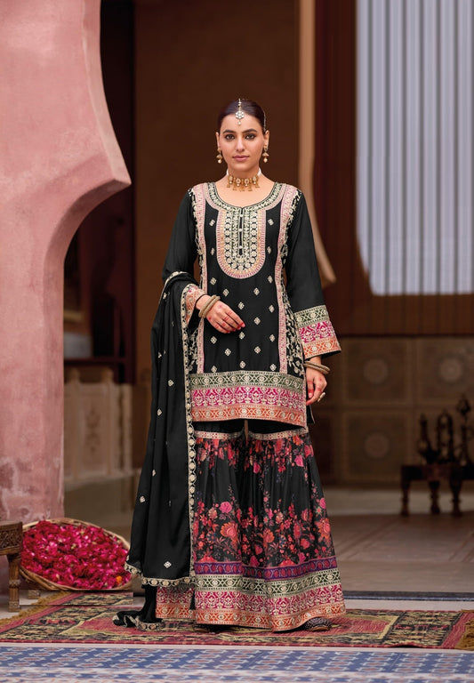 Exquisite Black Heavy Chinon Gharara Bottom Suit Set