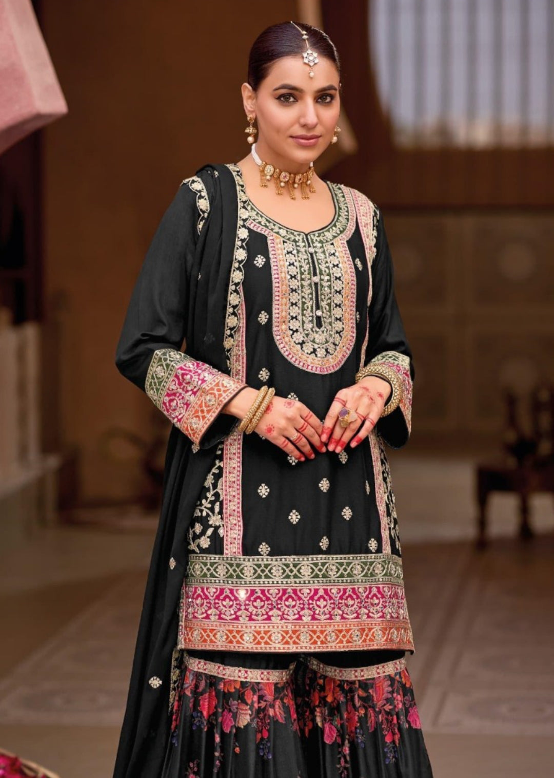 Exquisite Black Heavy Chinon Gharara Bottom Suit Set
