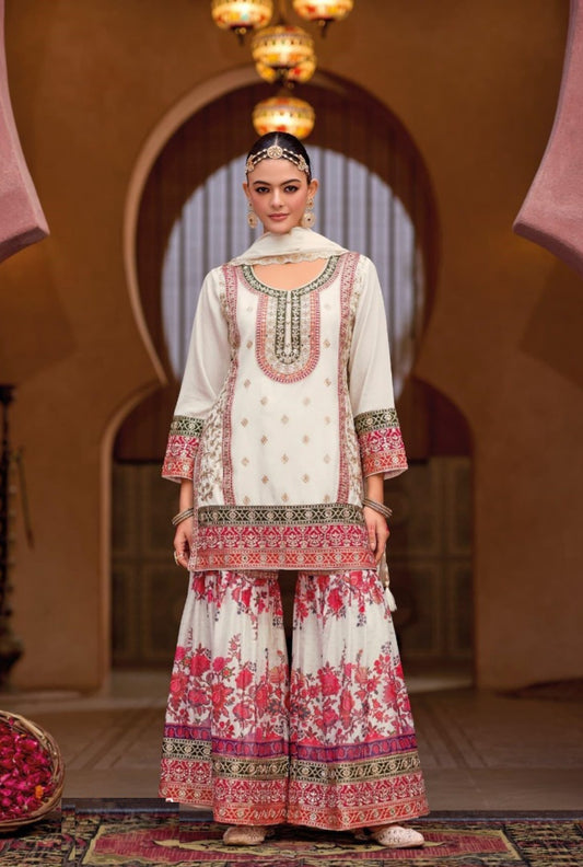 Vibrant White Heavy Chinon Gharara Bottom Suit Set