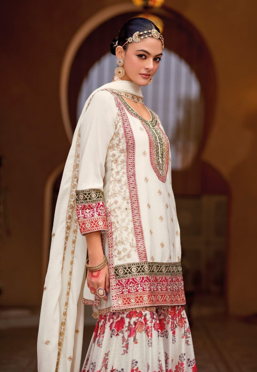 Vibrant White Heavy Chinon Gharara Bottom Suit Set