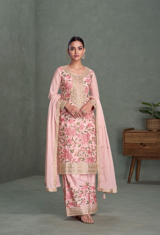 Classy Baby Pink Chinon Silk Palazzo Bottom Suit Set