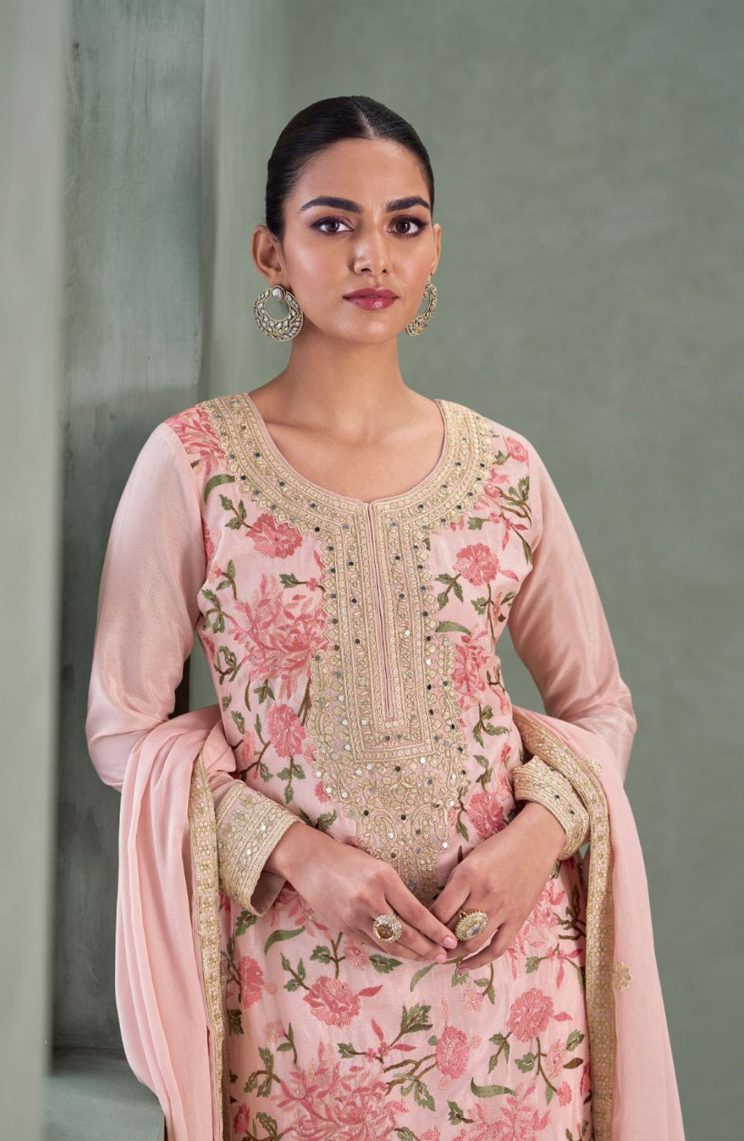 Classy Baby Pink Chinon Silk Palazzo Bottom Suit Set