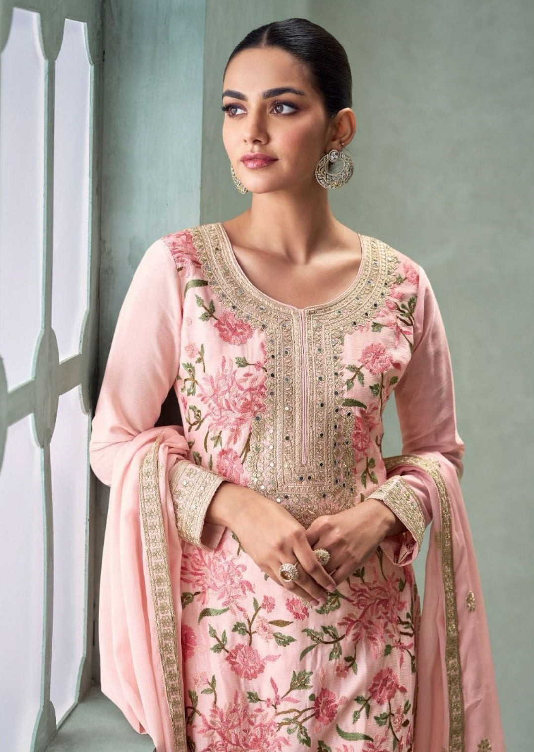 Classy Baby Pink Chinon Silk Palazzo Bottom Suit Set