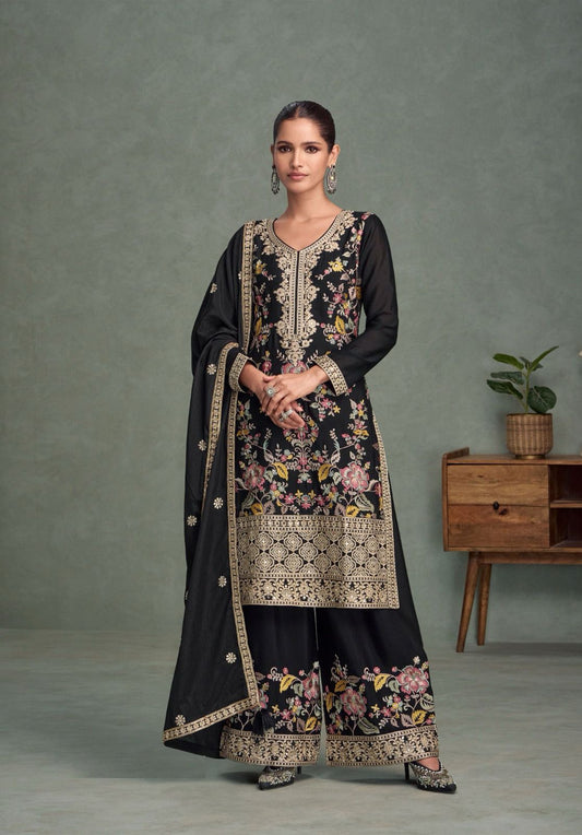 Stylish Black Chinon Silk Palazzo Bottom Suit Set