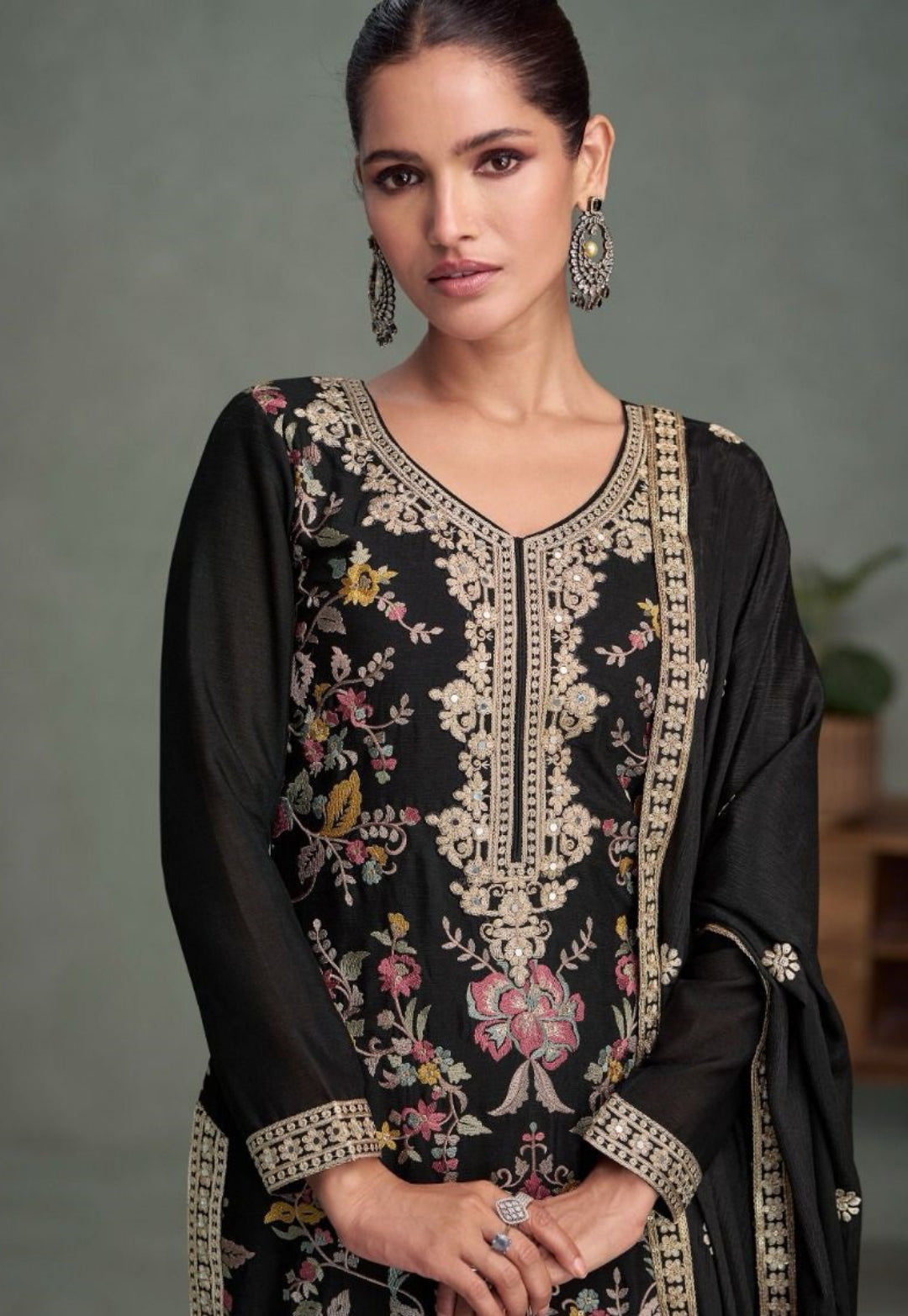 Stylish Black Chinon Silk Palazzo Bottom Suit Set