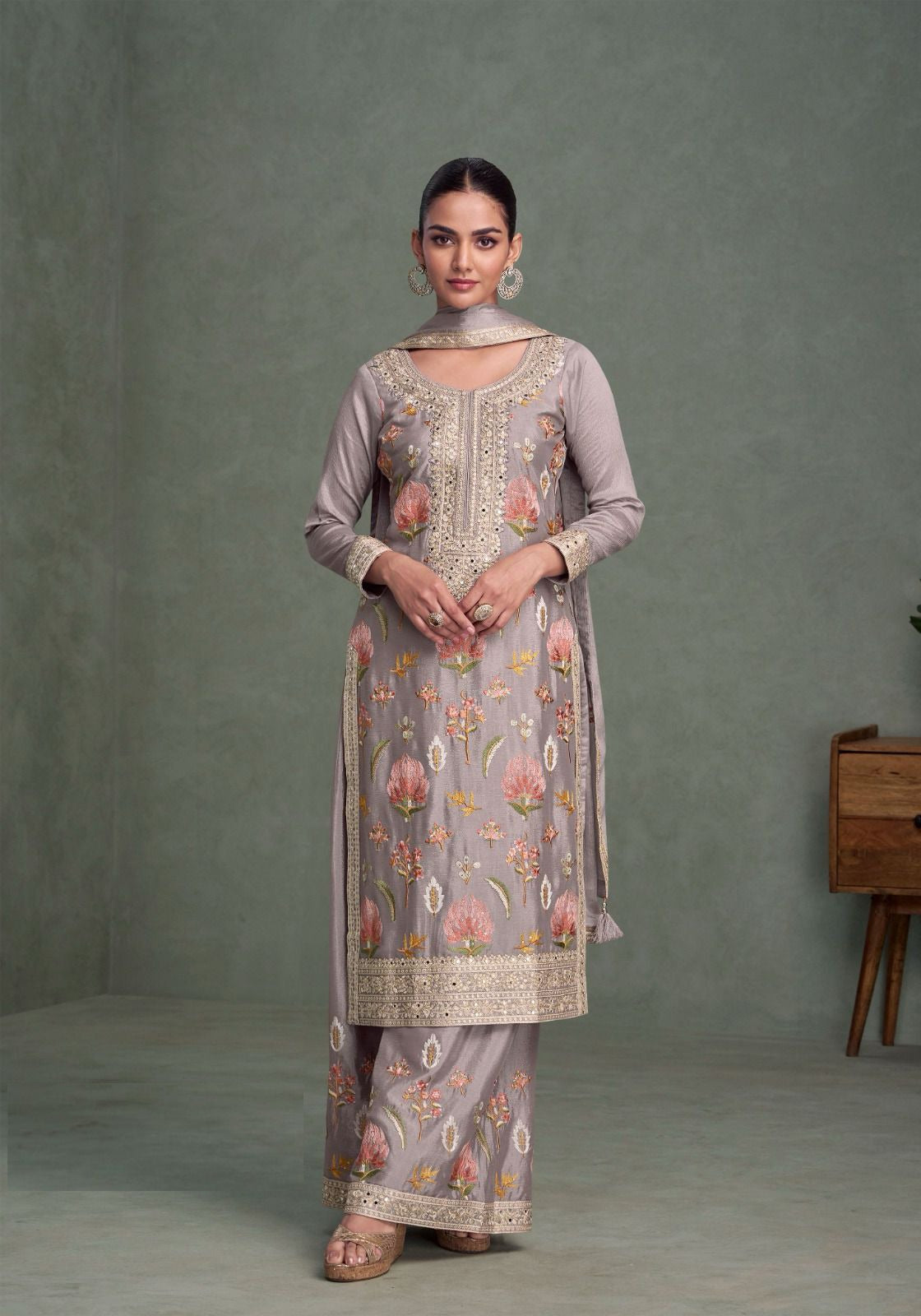 Sleek Grey Chinon Silk Palazzo Bottom Suit Set