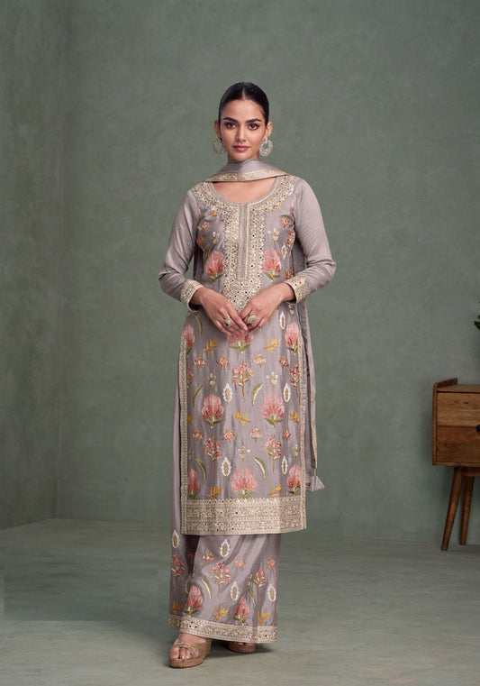 Sleek Grey Chinon Silk Palazzo Bottom Suit Set