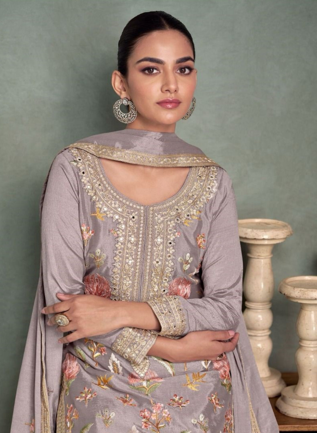 Sleek Grey Chinon Silk Palazzo Bottom Suit Set