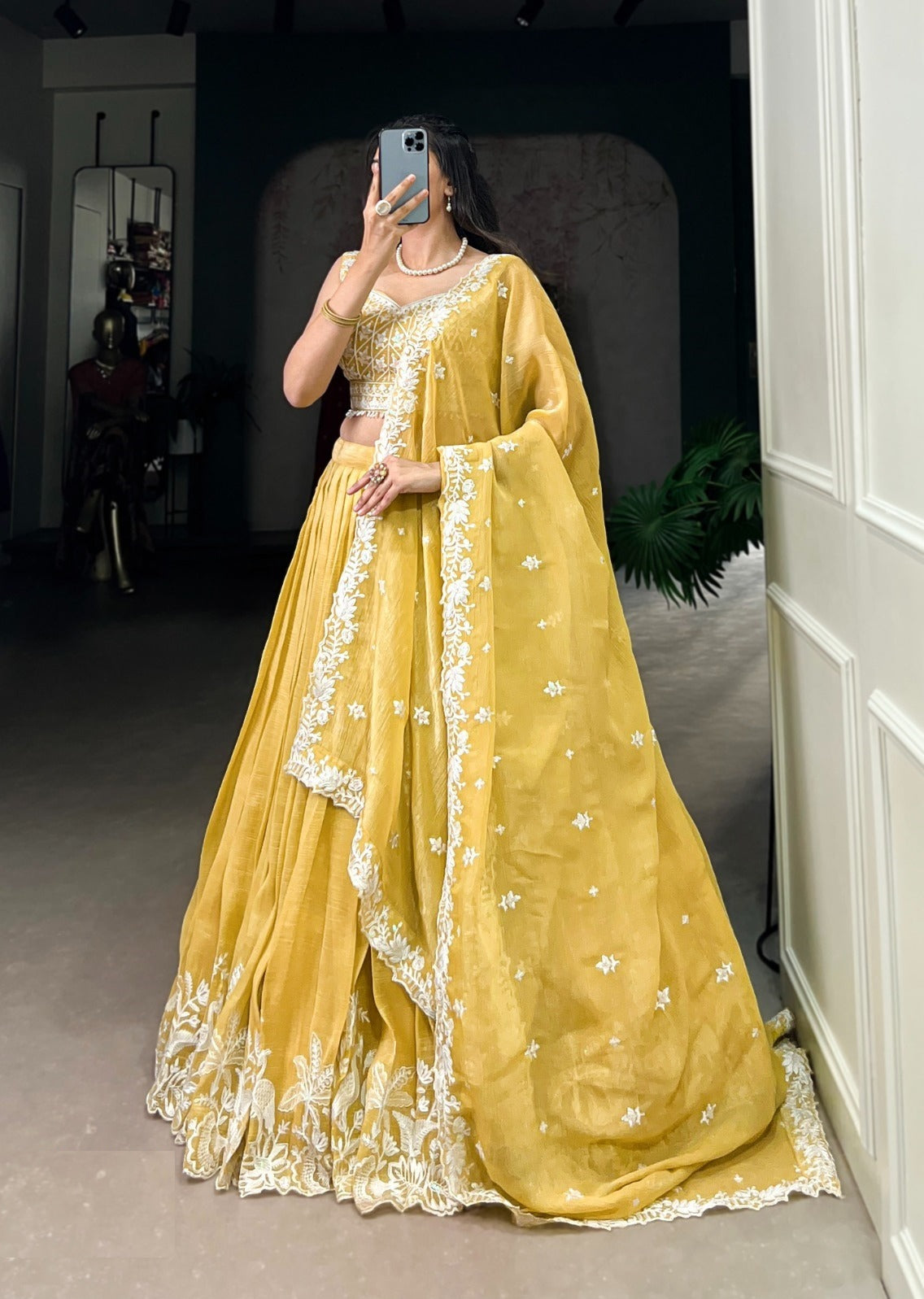 Sculpted Lime Yellow Gold Crush Silk Sequins And Thread Embroidery Work Stylish Lehenga