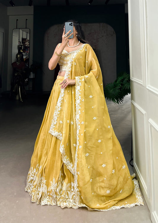 Sculpted Lime Yellow Gold Crush Silk Sequins And Thread Embroidery Work Stylish Lehenga