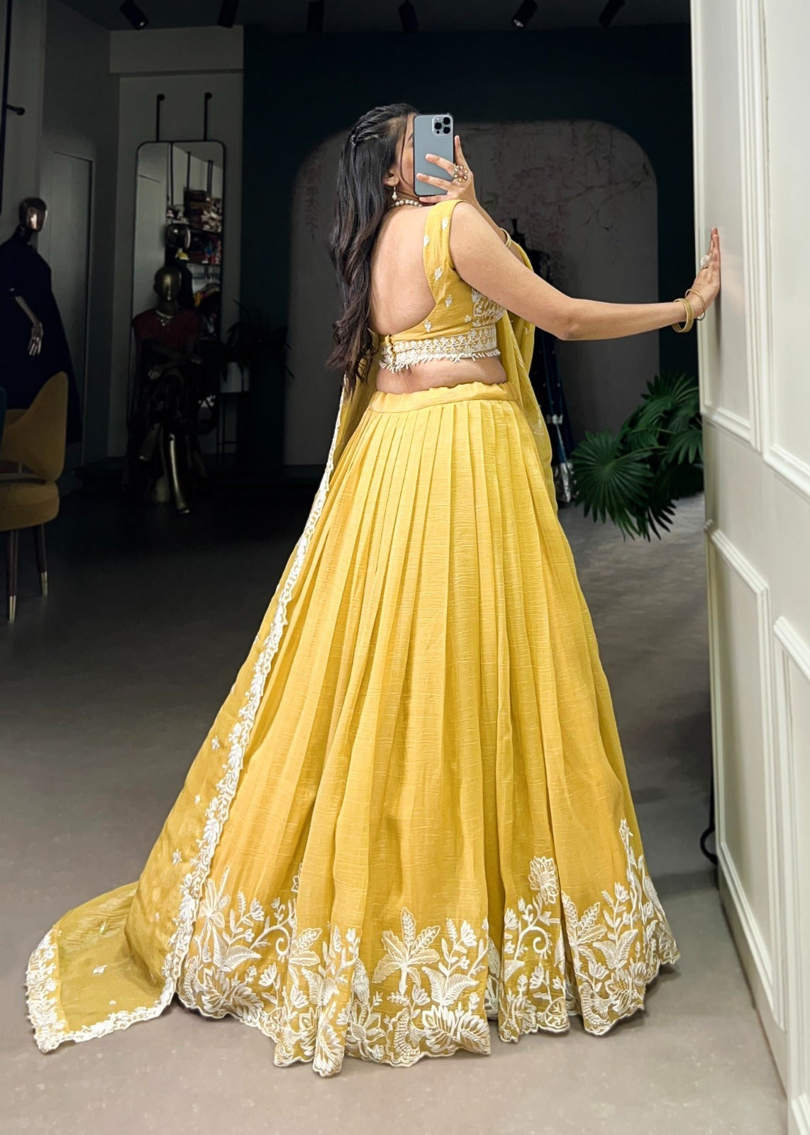 Sculpted Lime Yellow Gold Crush Silk Sequins And Thread Embroidery Work Stylish Lehenga
