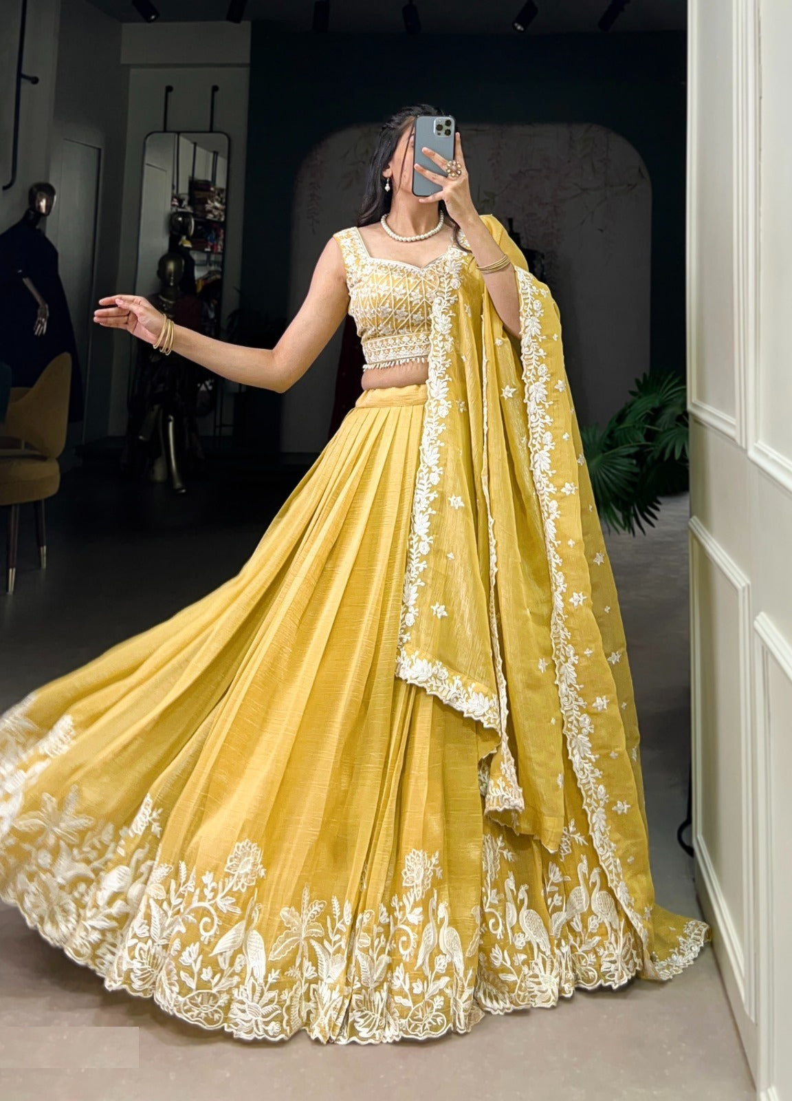 Sculpted Lime Yellow Gold Crush Silk Sequins And Thread Embroidery Work Stylish Lehenga