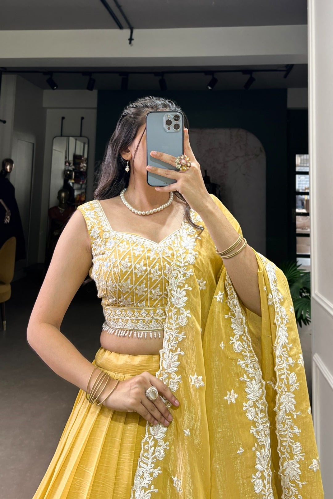 Sculpted Lime Yellow Gold Crush Silk Sequins And Thread Embroidery Work Stylish Lehenga