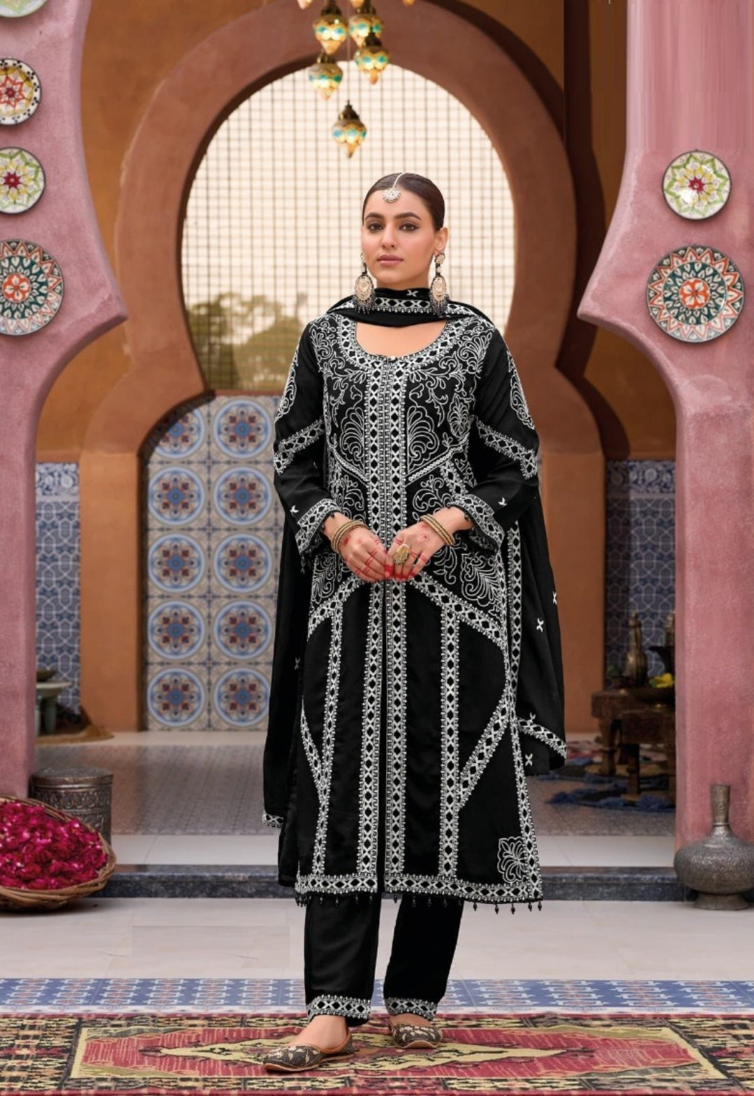 Women Black Chinon With Embroidery Work Suit Set