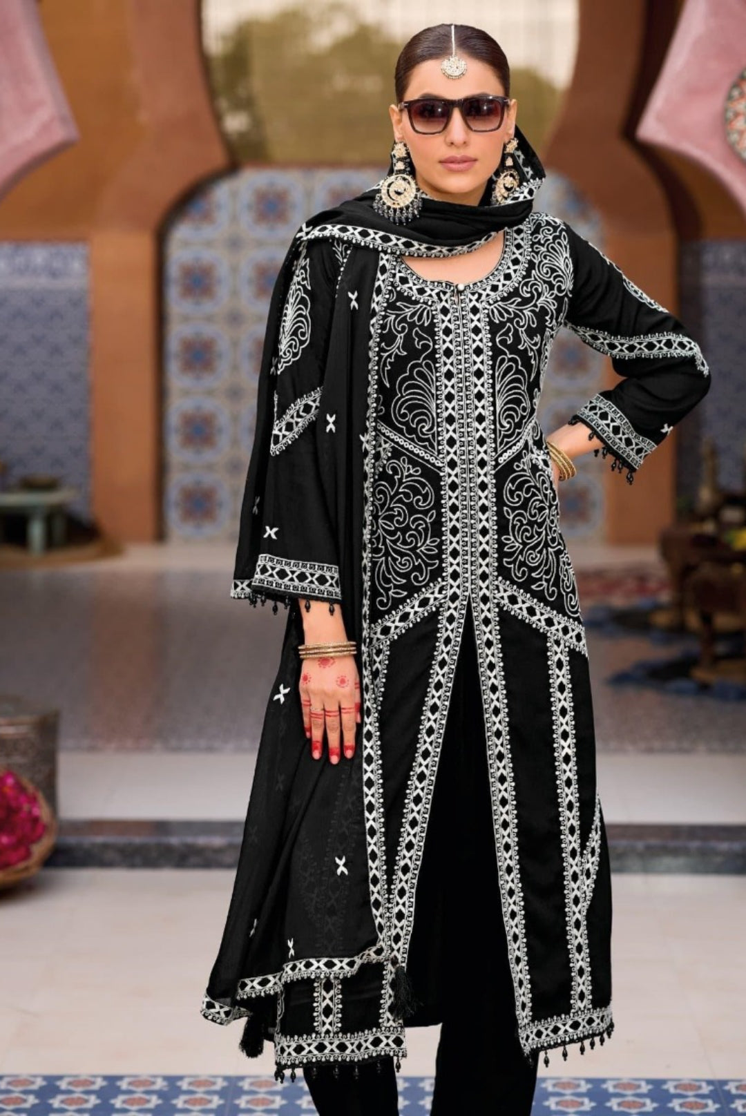 Women Black Chinon With Embroidery Work Suit Set