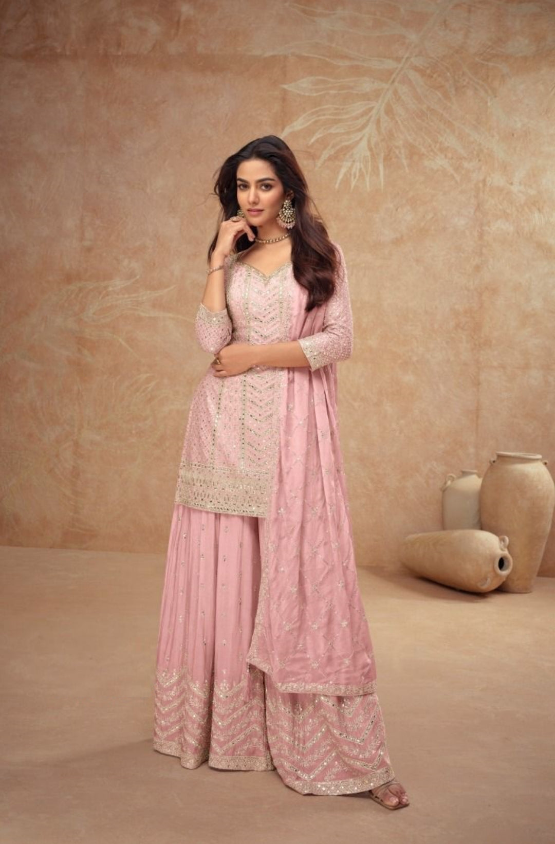 Women Baby Pink Chinon Palazzo Bottom Suit Set