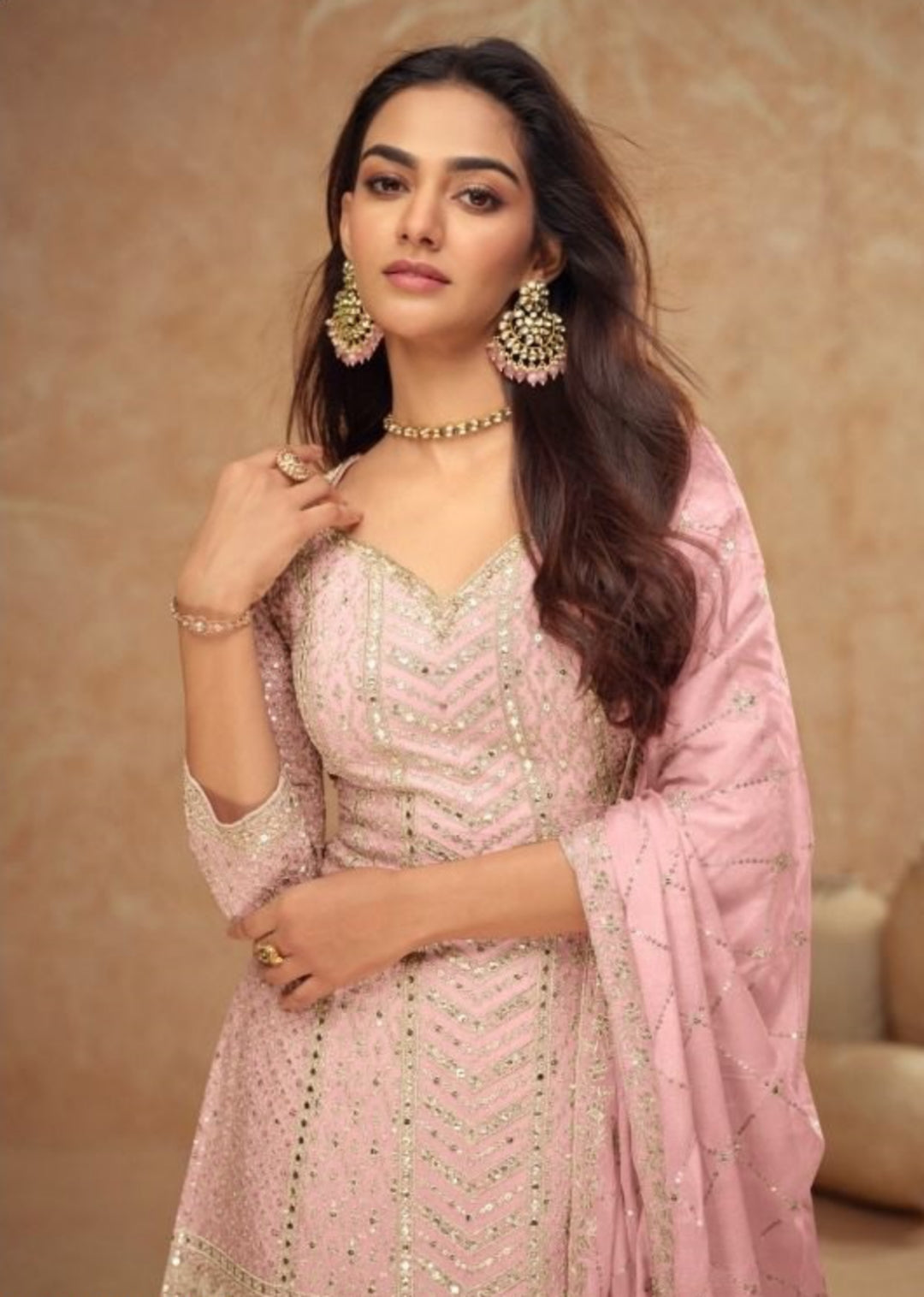 Women Baby Pink Chinon Palazzo Bottom Suit Set