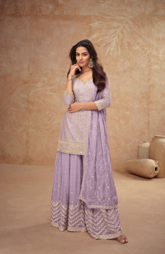 Women Light Purple Chinon Palazzo Bottom Suit Set