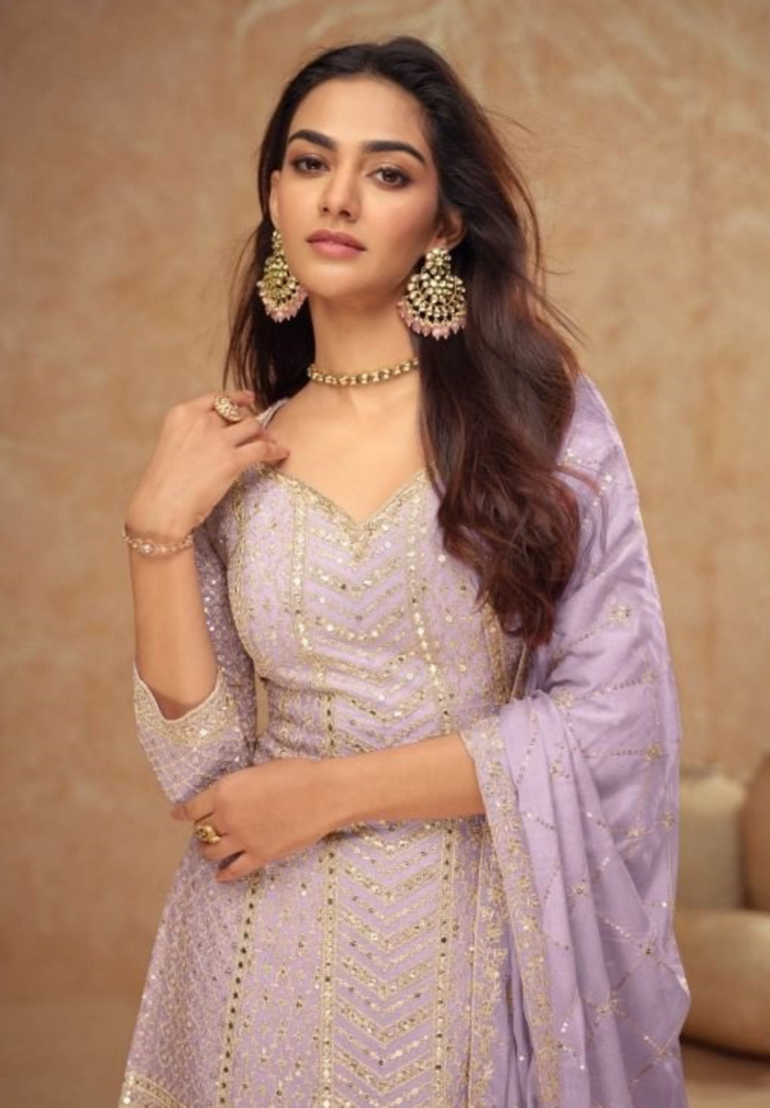Women Light Purple Chinon Palazzo Bottom Suit Set