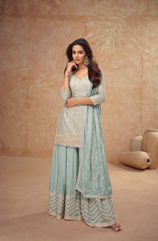 Women Sky Blue Chinon Palazzo Bottom Suit Set