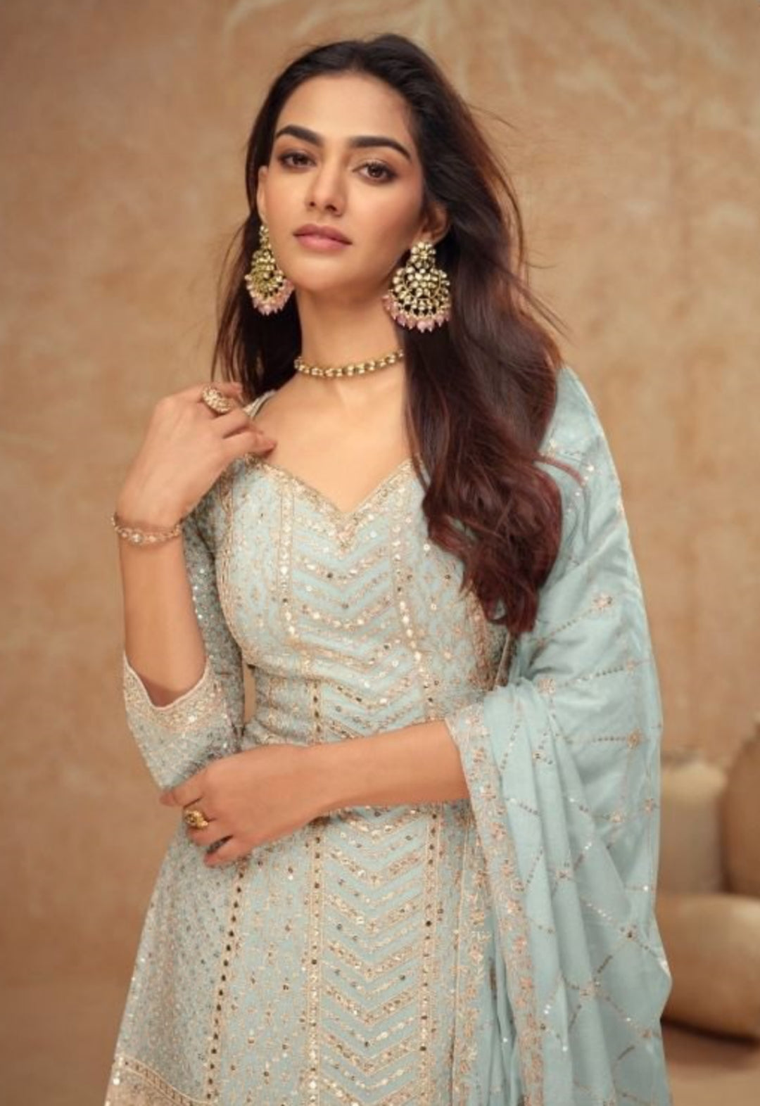 Women Sky Blue Chinon Palazzo Bottom Suit Set