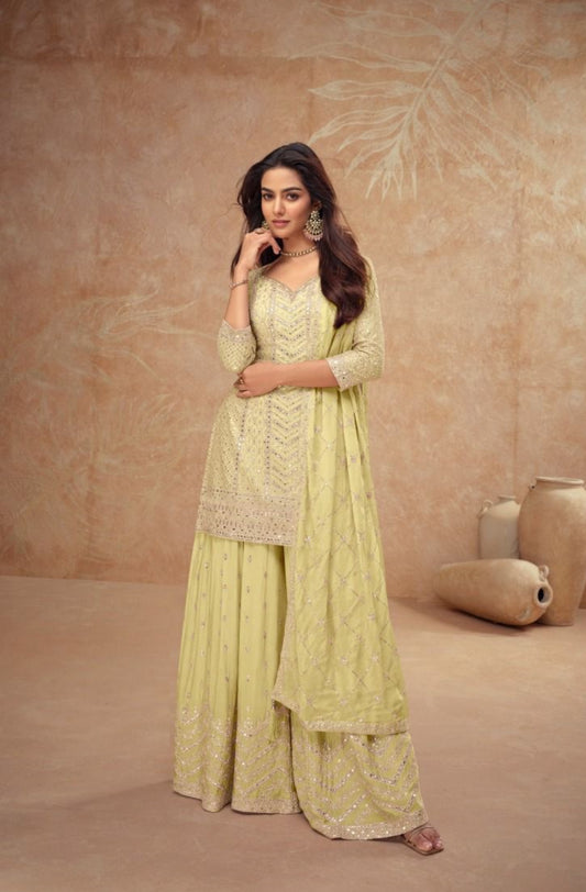 Women Light Yellow Chinon Palazzo Bottom Suit Set