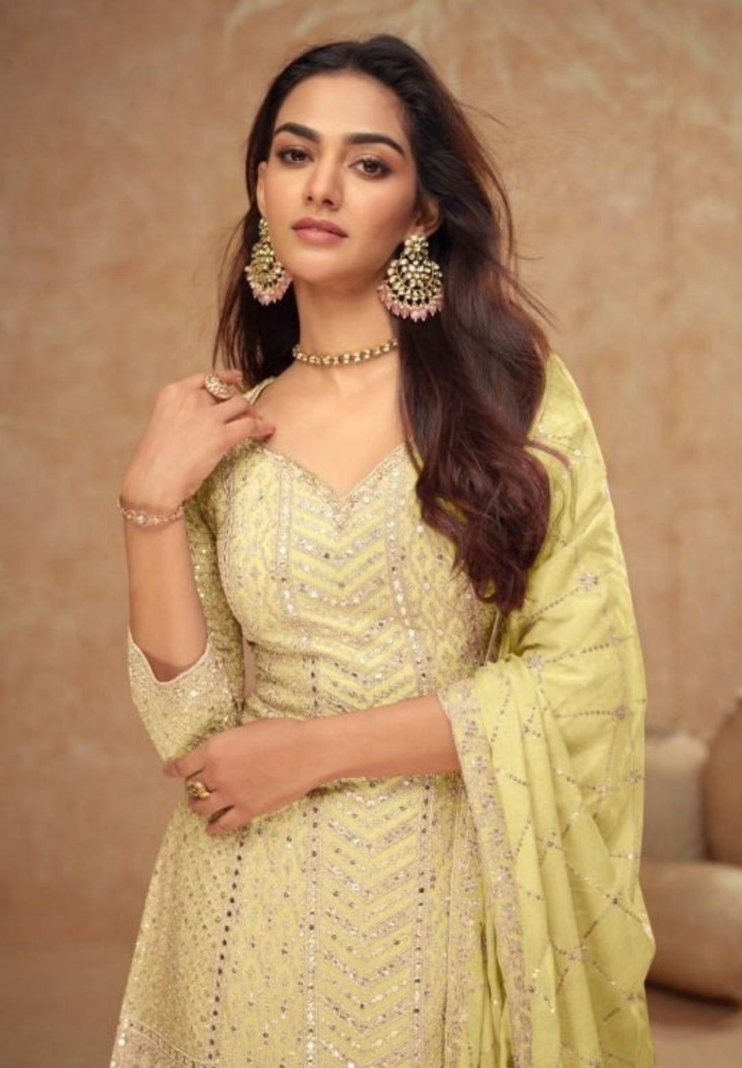 Women Light Yellow Chinon Palazzo Bottom Suit Set
