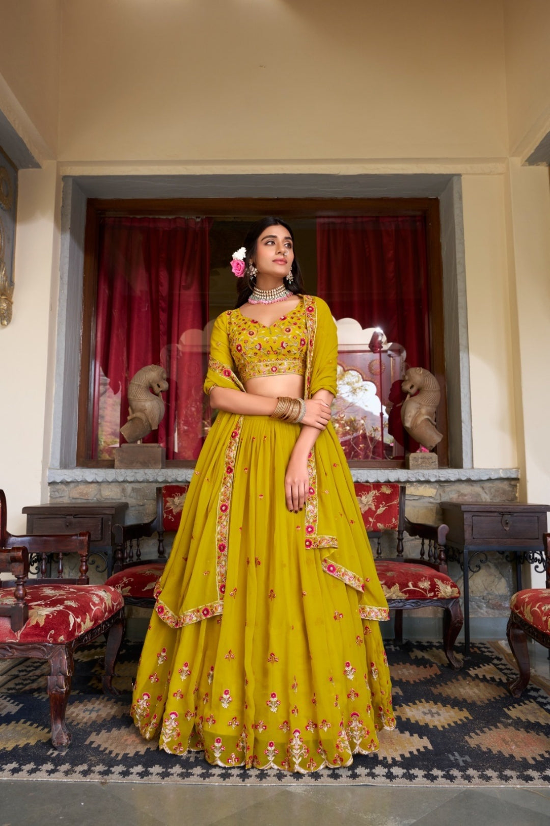 Vivid Mustard Georgette Sequins And Thread Embroidery Work Traditional Lehenga
