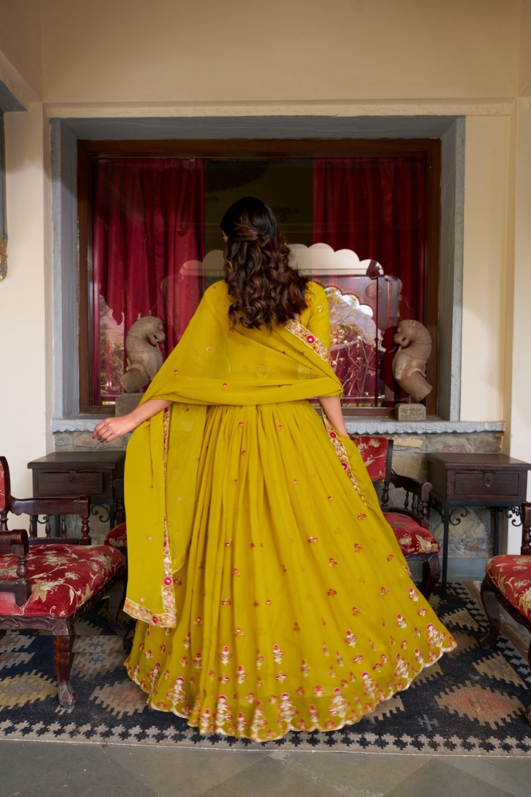 Vivid Mustard Georgette Sequins And Thread Embroidery Work Traditional Lehenga