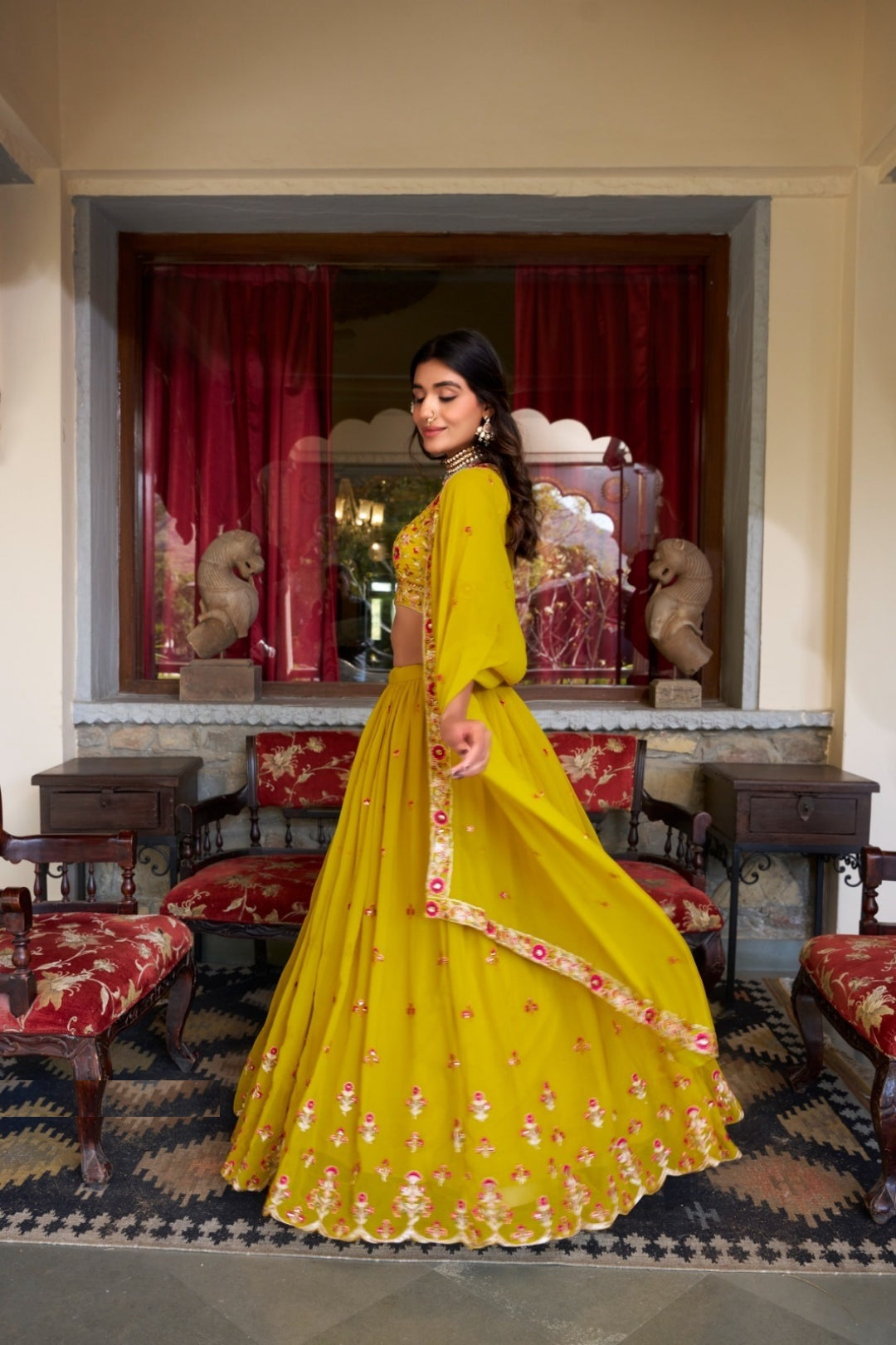 Vivid Mustard Georgette Sequins And Thread Embroidery Work Traditional Lehenga