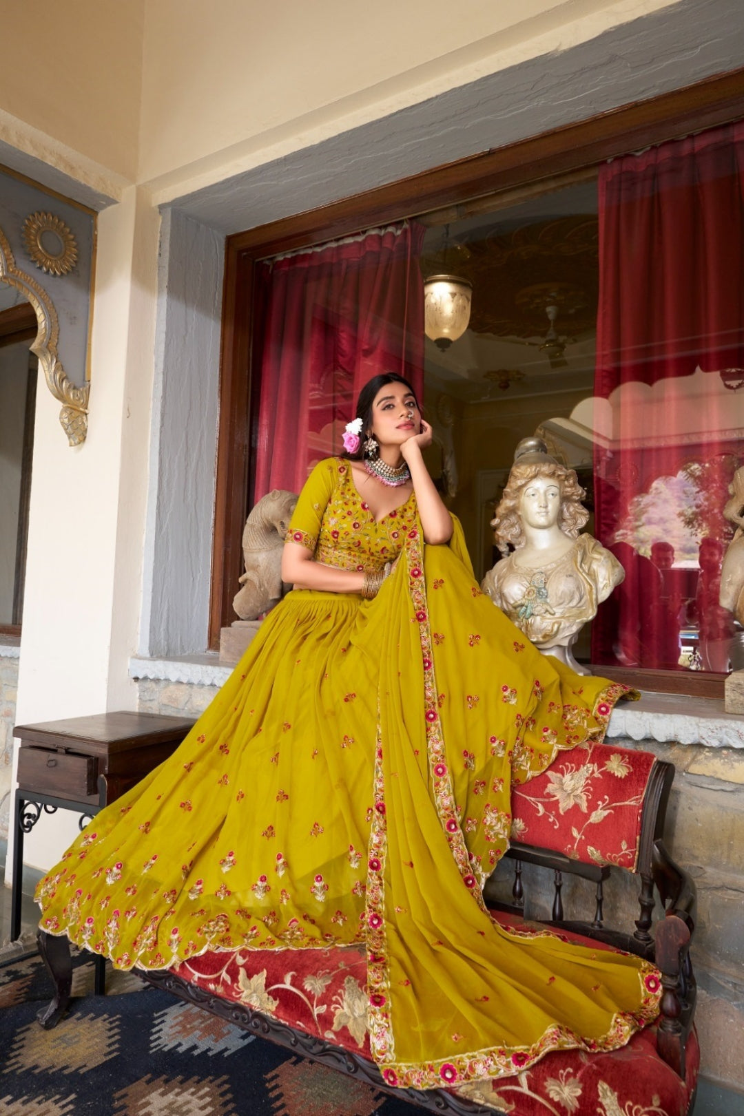 Vivid Mustard Georgette Sequins And Thread Embroidery Work Traditional Lehenga
