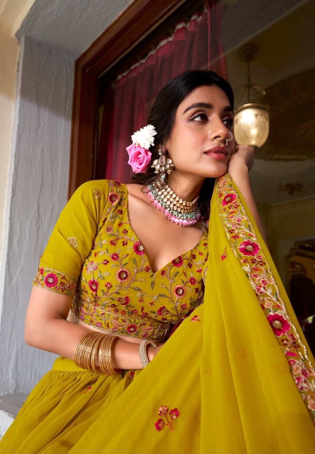 Vivid Mustard Georgette Sequins And Thread Embroidery Work Traditional Lehenga