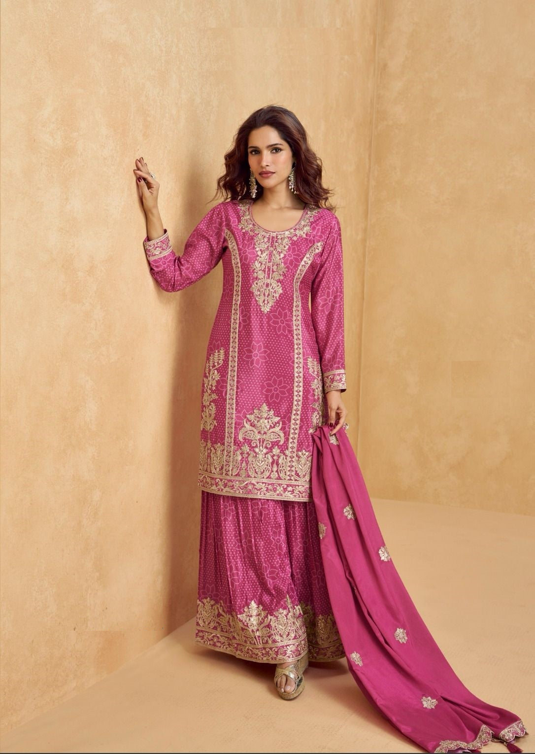 Women Pink Chinon Silk Palazzo Bottom Suit Set