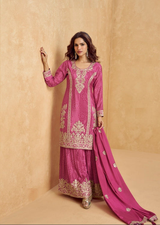 Women Pink Chinon Silk Palazzo Bottom Suit Set