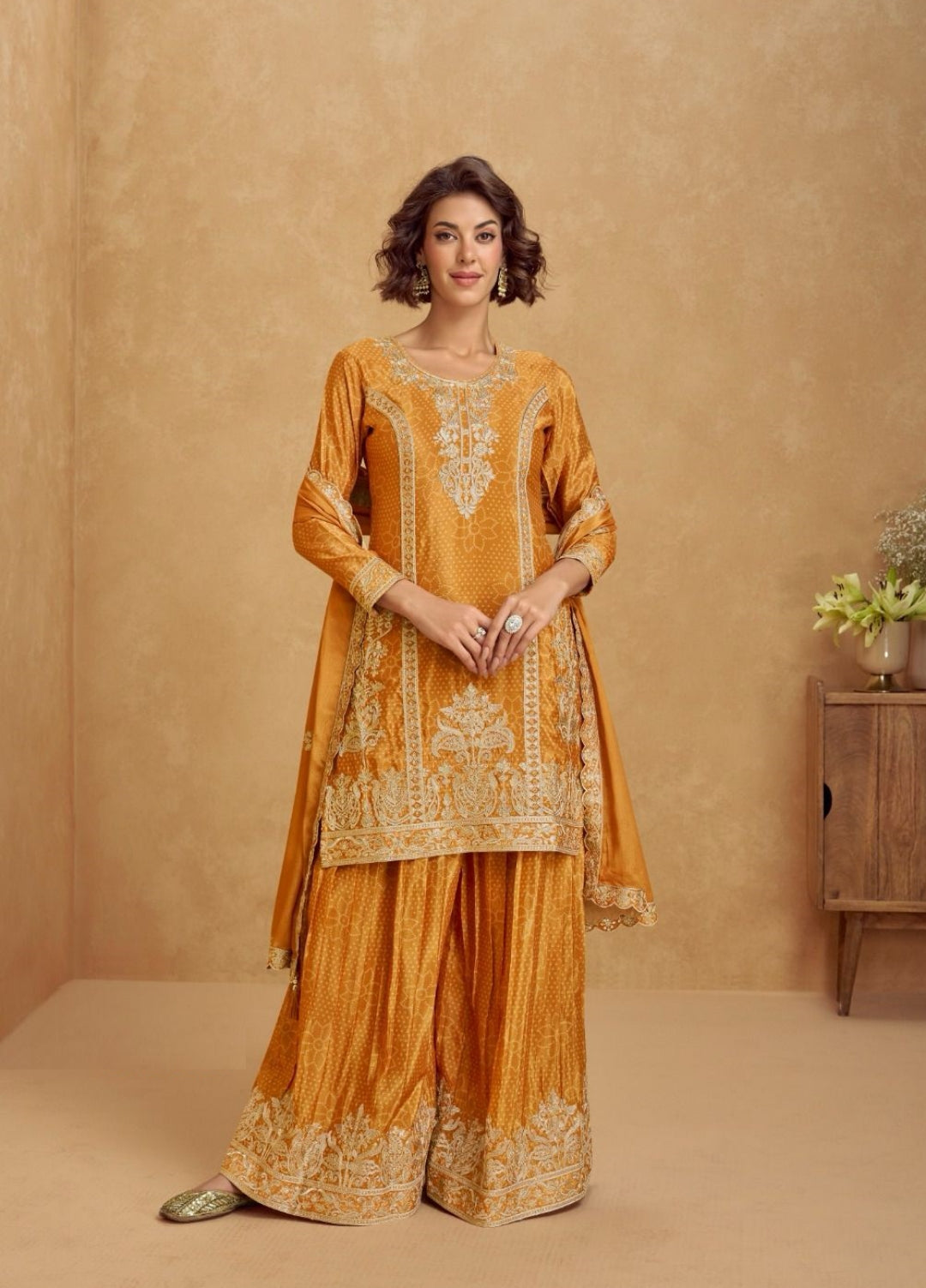 Women Orange Chinon Silk Palazzo Bottom Suit Set