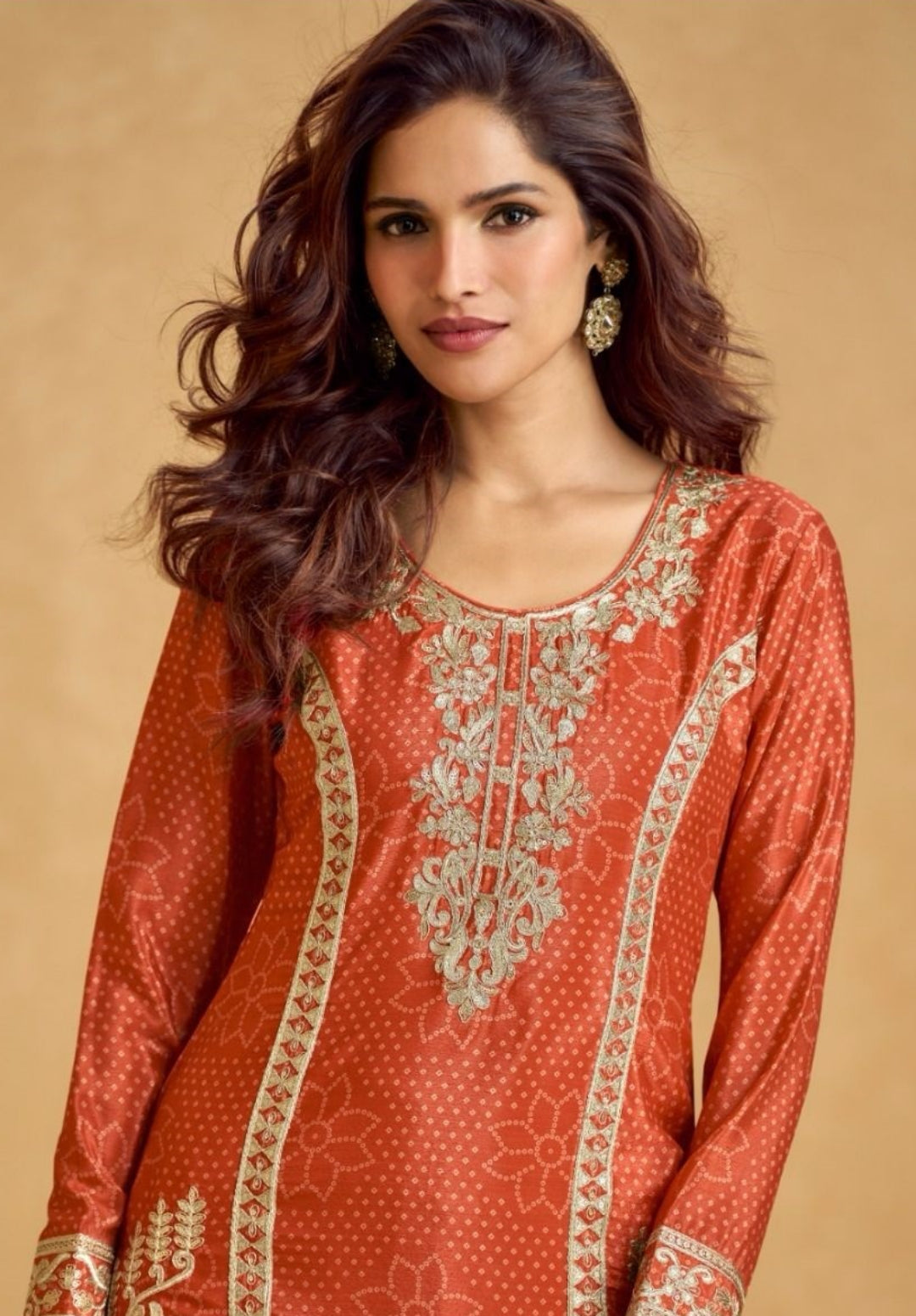 Women Rust Chinon Silk Palazzo Bottom Suit Set