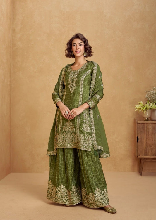 Women Olive Green Chinon Silk Palazzo Bottom Suit Set