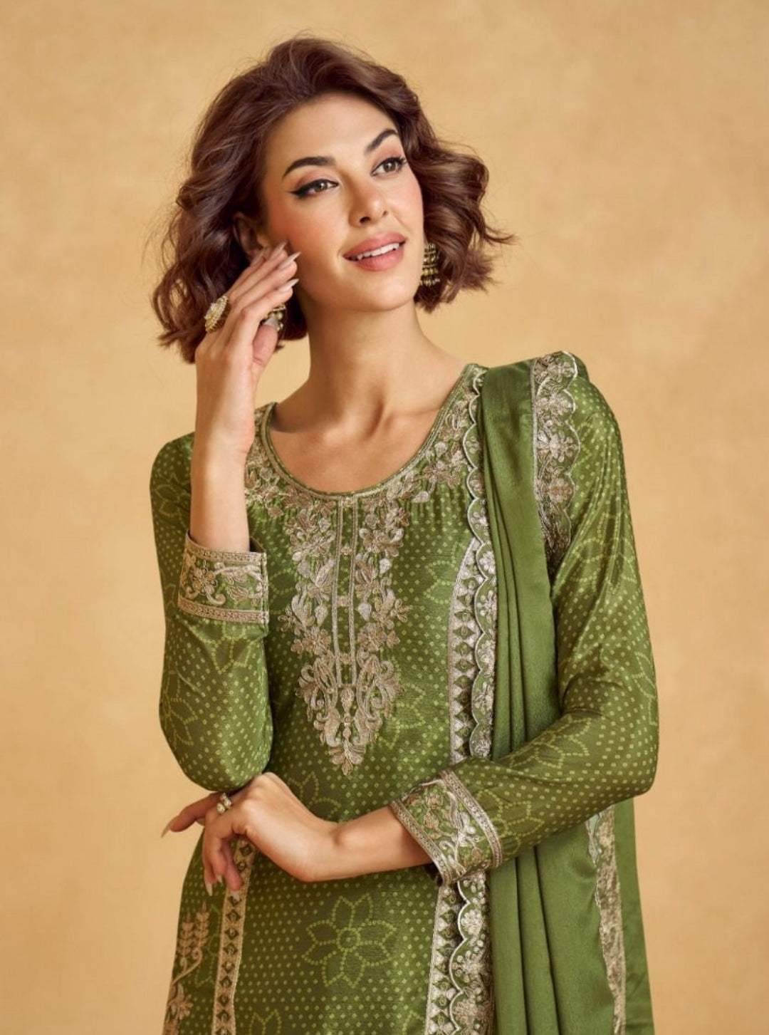 Women Olive Green Chinon Silk Palazzo Bottom Suit Set