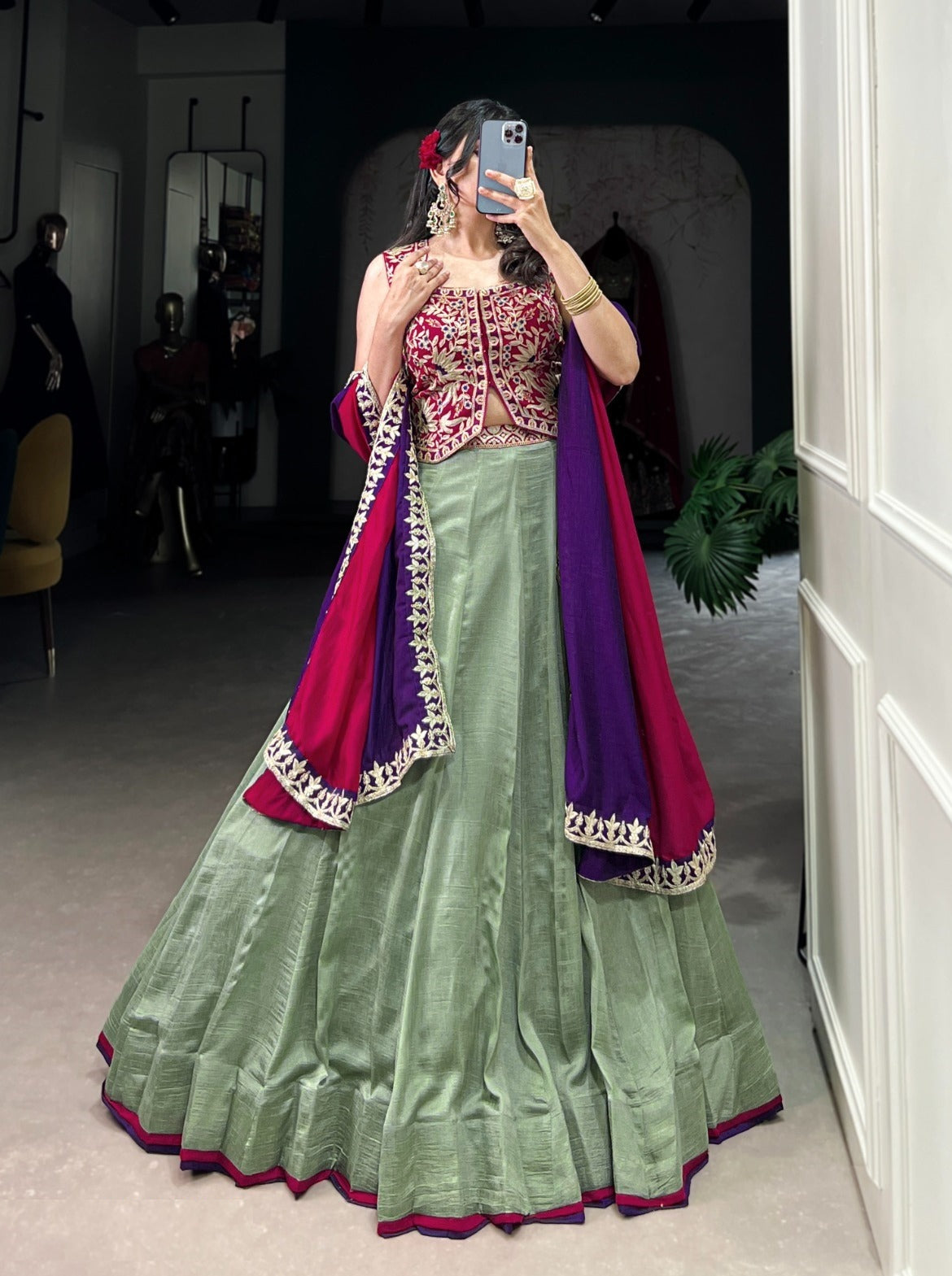 Immaculate Rama Green Vichitra Silk Traditional Lehenga