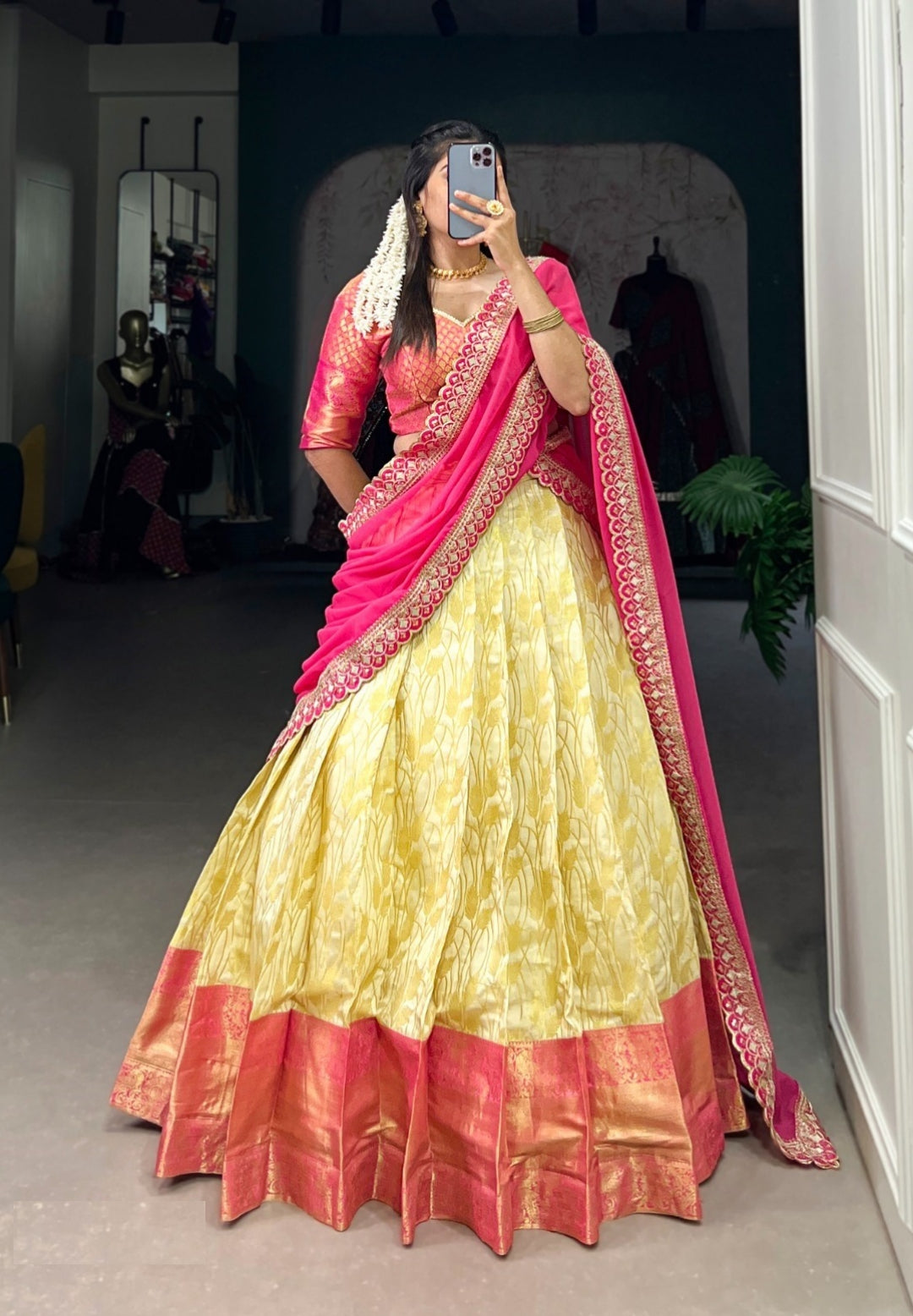 Luxe Yellow And Pink Jacquard Silk Zari With Weaving Work Traditional Lehenga