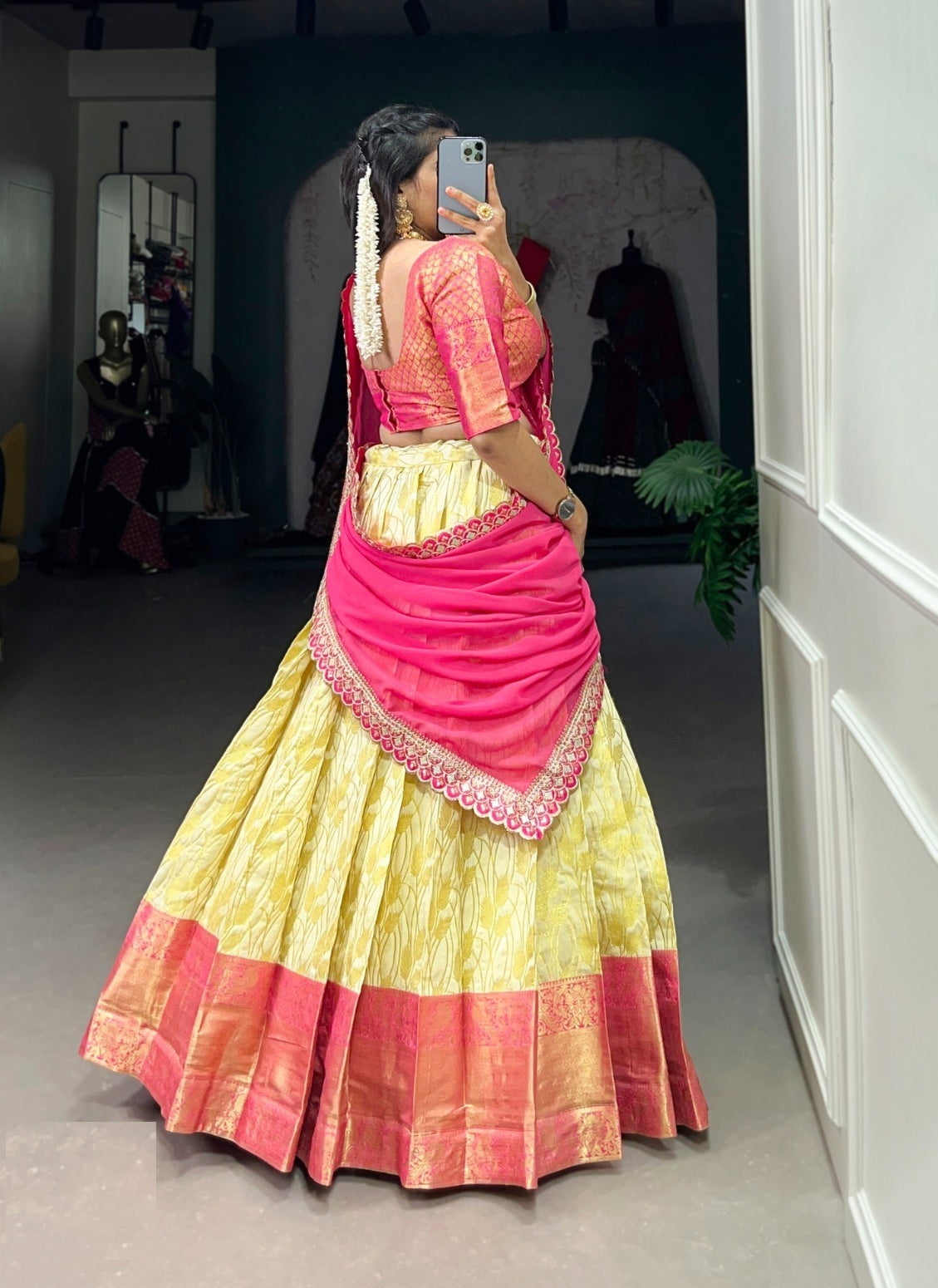 Luxe Yellow And Pink Jacquard Silk Zari With Weaving Work Traditional Lehenga