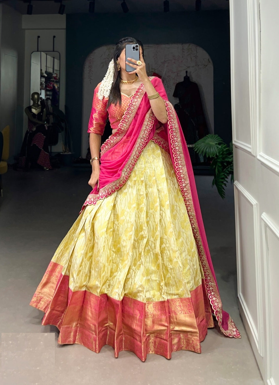 Luxe Yellow And Pink Jacquard Silk Zari With Weaving Work Traditional Lehenga