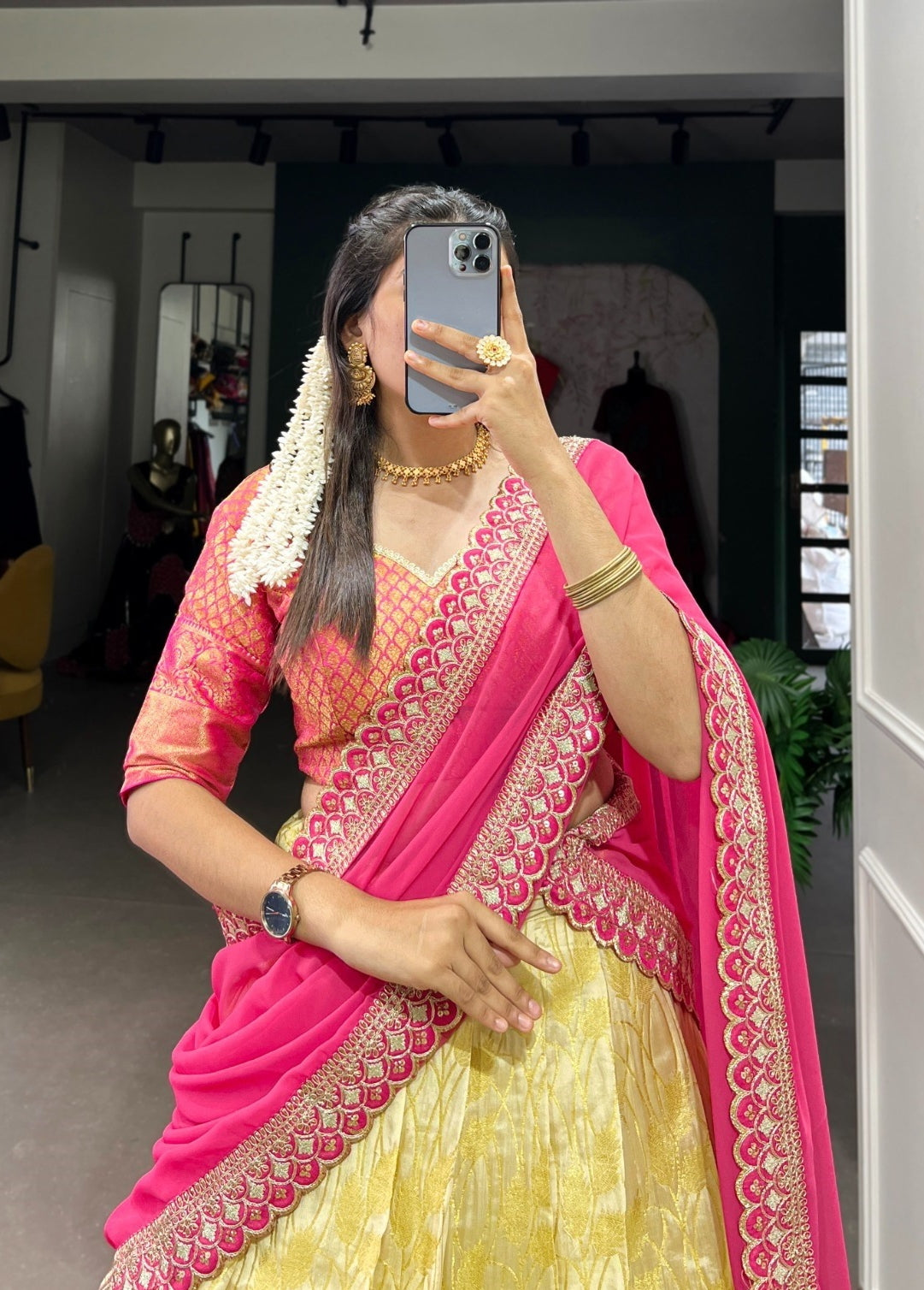 Luxe Yellow And Pink Jacquard Silk Zari With Weaving Work Traditional Lehenga