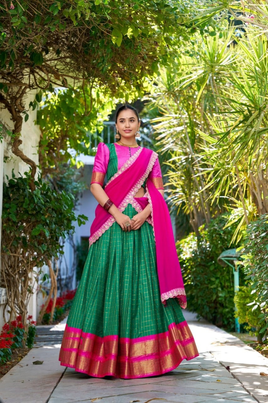 Women Green Zari Chex With Zari Weaving Work Traditional Lehenga