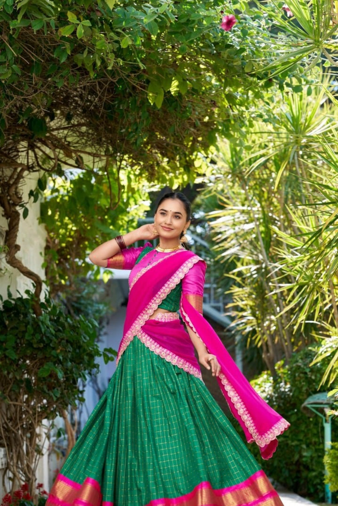 Women Green Zari Chex With Zari Weaving Work Traditional Lehenga