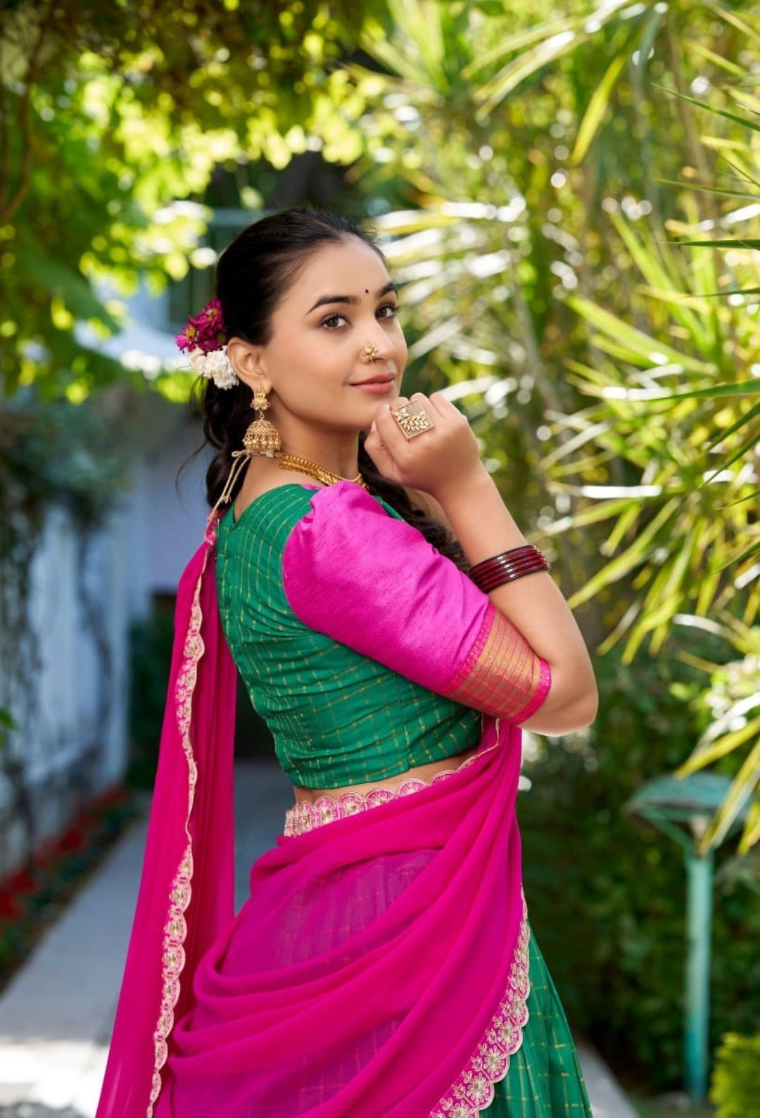 Women Green Zari Chex With Zari Weaving Work Traditional Lehenga