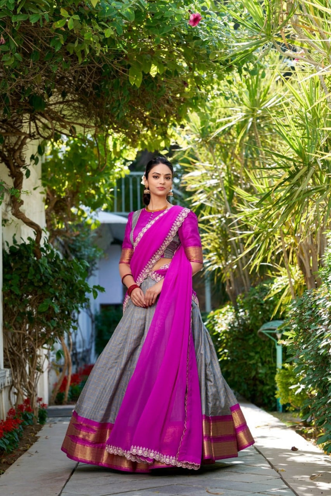 Women Grey Zari Chex With Zari Weaving Work Traditional Lehenga