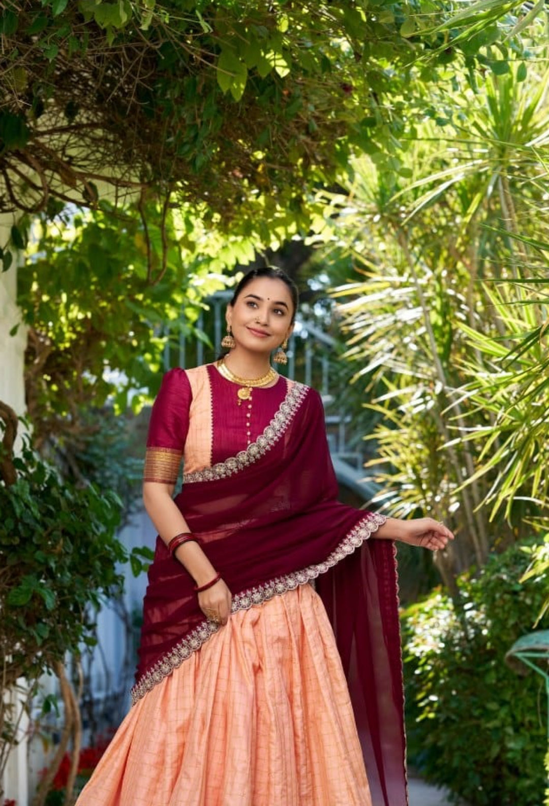 Women Peach Zari Chex With Zari Weaving Work Traditional Lehenga